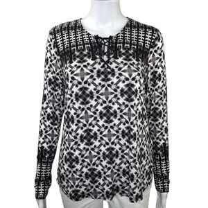 NYDJ Women’s Black White Geometric Long Sleeve Lace Up Blouse Top Size S
